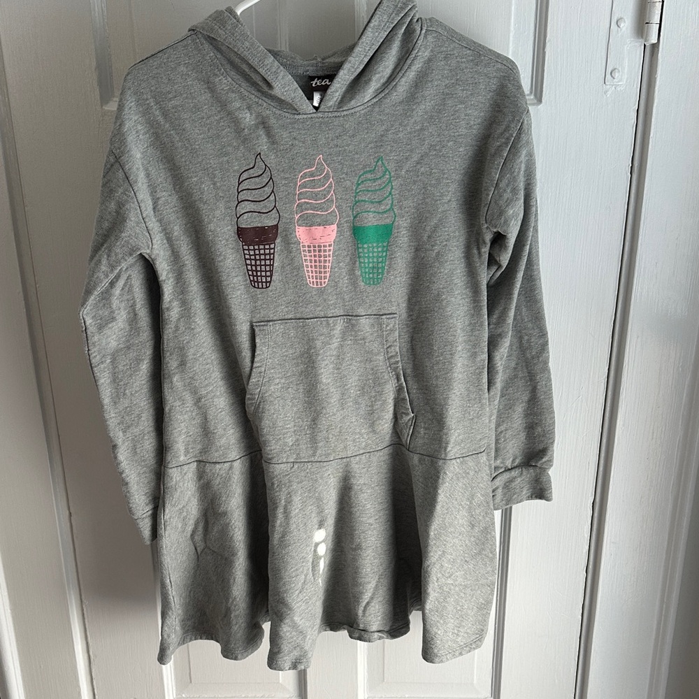 Tea Gray Hoodie Dress with Ice Cream Print, size 12